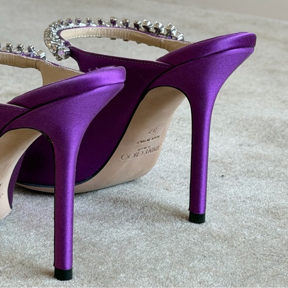 Jimmy Choo Bing 100 Satin Mules With Crystal Strap in pink violet, size 37, NEW - Picture 4 of 9